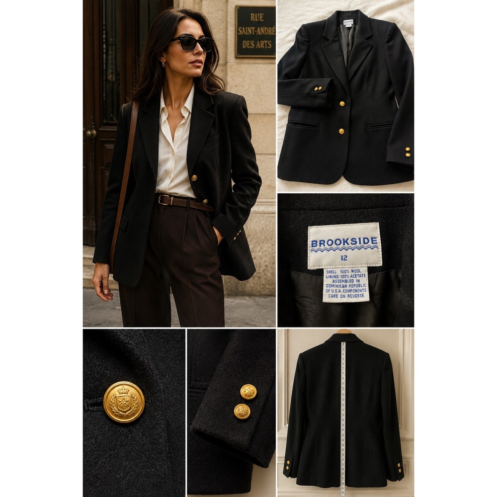 Vintage 90s Brookside Black Wool Blazer Gold Crest Buttons Equestrian Preppy 12
